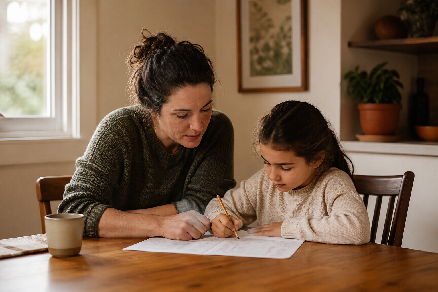 A parent and child thinking through schoolwork together at a kitchen table.